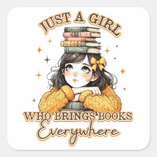 Een meisje dat overal boeken meeneemt vierkante sticker