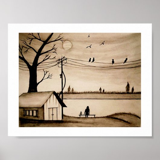 Een meisje eenzaam op de bank zonsondergang schets poster (Voorkant)