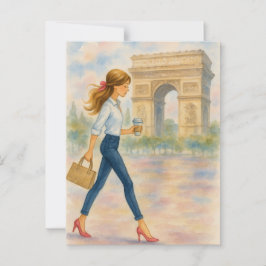 Een meisje en de Arc de Triomphe scene in Parijs Briefkaart