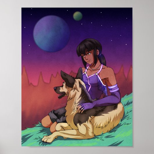Een meisje en haar hond in de ruimte poster (Voorkant)