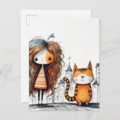 Een meisje en haar kat briefkaart (Voorkant / Achterkant)