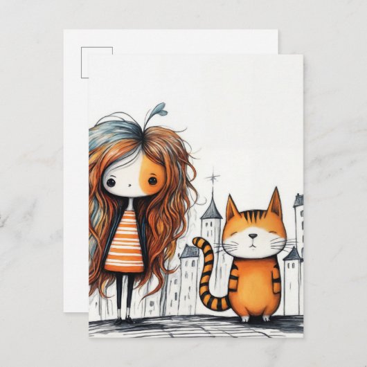 Een meisje en haar kat briefkaart (Voorkant / Achterkant)