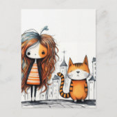 Een meisje en haar kat briefkaart (Voorkant)