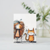 Een meisje en haar kat briefkaart (Staand voorkant)