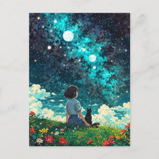 Een meisje en haar kat zitten samen op een bloemen briefkaart