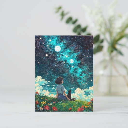 Een meisje en haar kat zitten samen op een bloemen briefkaart (Staand voorkant)