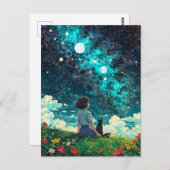 Een meisje en haar kat zitten samen op een bloemen briefkaart (Voorkant / Achterkant)