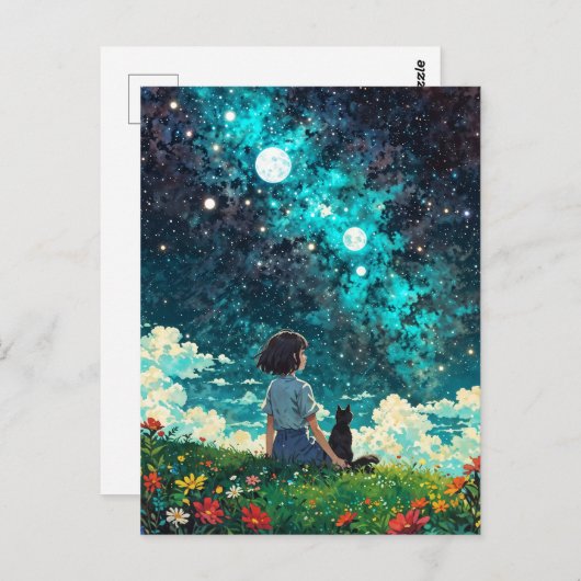 Een meisje en haar kat zitten samen op een bloemen briefkaart (Voorkant / Achterkant)