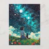 Een meisje en haar kat zitten samen op een bloemen briefkaart (Voorkant)