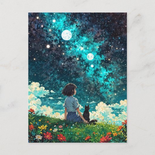 Een meisje en haar kat zitten samen op een bloemen briefkaart (Voorkant)