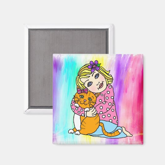 Een meisje en haar kattehandjes en liefdeskleurig  magneet (Voorkant / Achterkant)