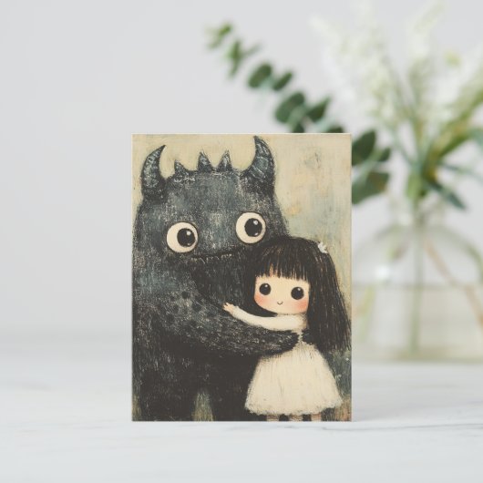 Een meisje en haar monstervriend briefkaart (Staand voorkant)