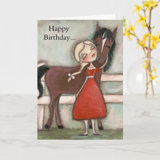 Een meisje en haar paard - Birthday Kaart (Gele Bloem)