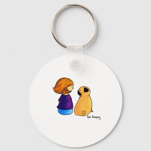 Een meisje en haar pug (blonde) sleutelhanger (Voorkant)