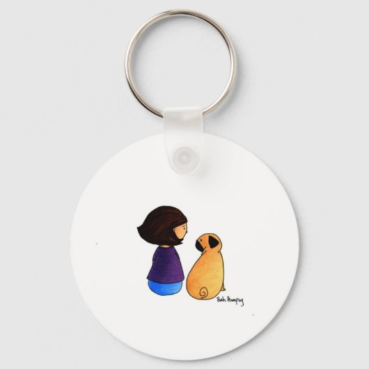 Een meisje en haar pug (brunette) sleutelhanger (Voorkant)
