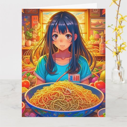 Een meisje en haar Ramen Anime Grappige Grote Verj Kaart (Gele Bloem)