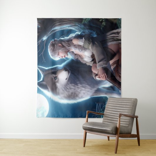 Een meisje en haar wolf wandkleed (In situ)