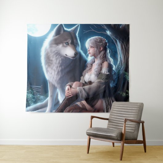 Een meisje en haar wolf wandkleed (In Situ (horizontaal))