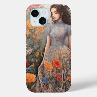 Een meisje en vol bloemen iPhone 15 Hoesje