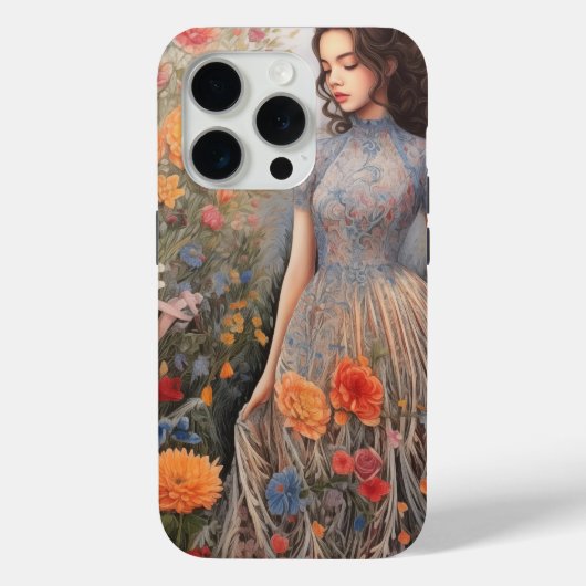 Een meisje en vol bloemen iPhone 15 Pro Hoesje (Achterkant)