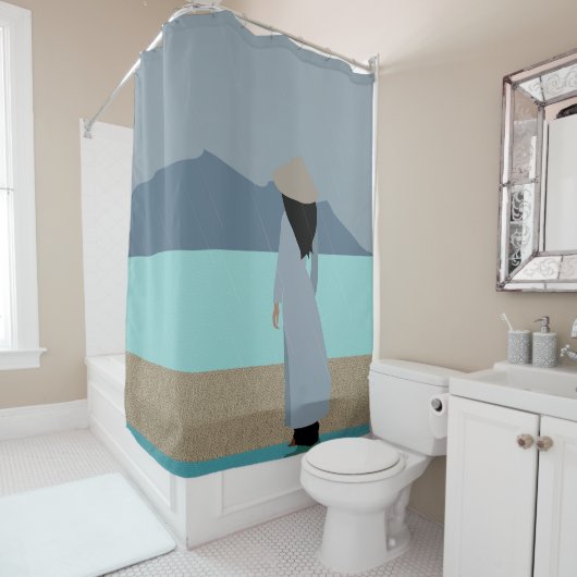 Een meisje in de regen douchegordijn (In situ)