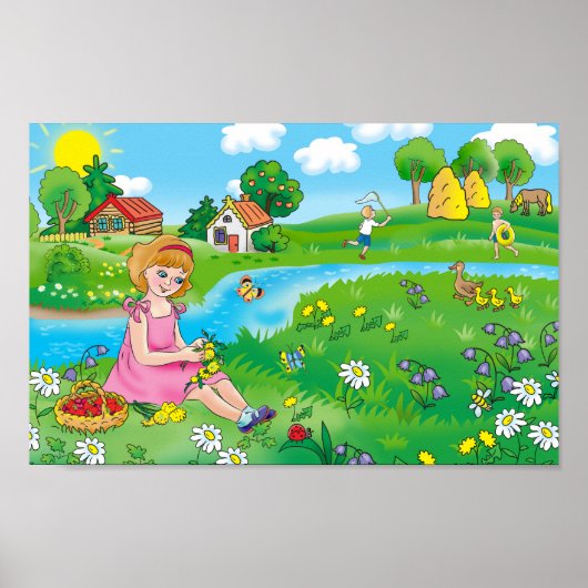 Een meisje in de weide, in de zomer. poster (Voorkant)