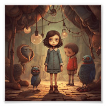 Een meisje in een blauwe jurk staat met jongen