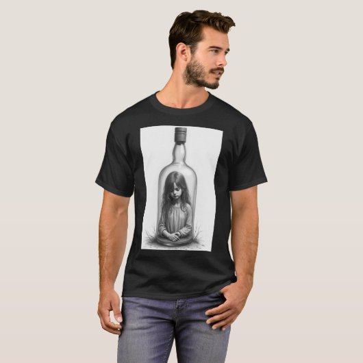 Een meisje in een fles, kunstwerk, potloodkunst t-shirt (Voorkant volledig)