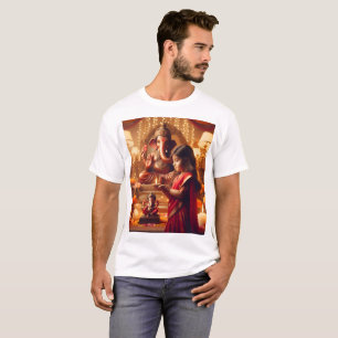 Een meisje in een sari staat voor een standbeeld t-shirt