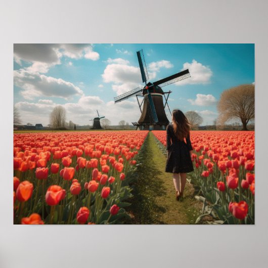 Een meisje in een tulpenveld poster (Voorkant)