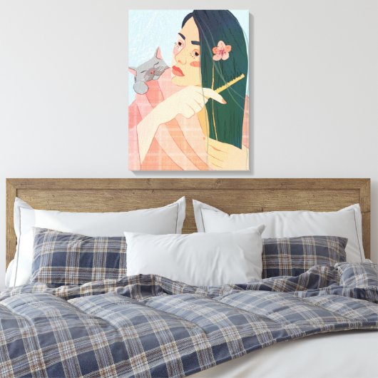 een meisje kampt met haar lange haar canvas afdruk (Insitu (Slaapkamer))