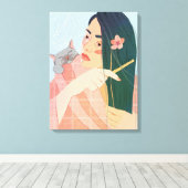 een meisje kampt met haar lange haar canvas afdruk (Insitu (Houten vloer))