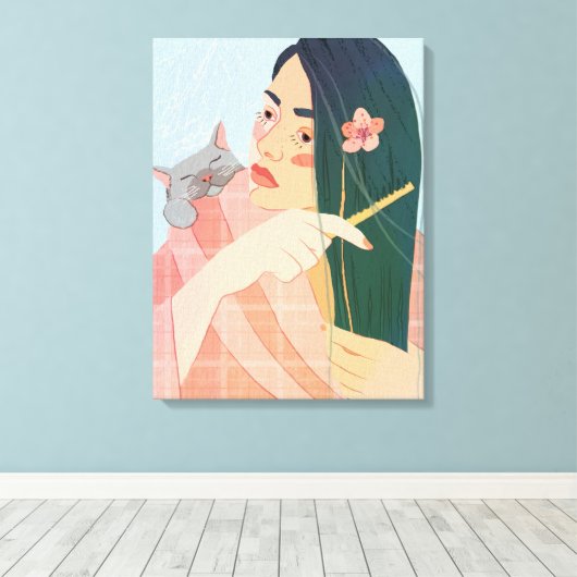 een meisje kampt met haar lange haar canvas afdruk (Insitu (Houten vloer))