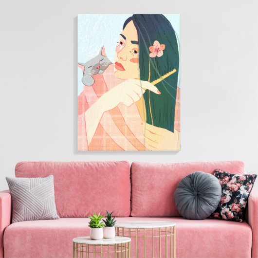 een meisje kampt met haar lange haar canvas afdruk (Insitu (Woonkamer))