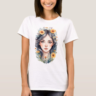Een meisje met bloemen in haar haar t-shirt