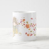 Een meisje met een beker thee en vliegende bladere grote koffiekop (Voorkant)