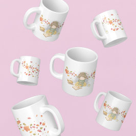 Een meisje met een beker thee en vliegende bladere grote koffiekop