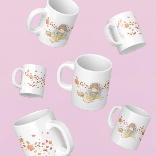 Een meisje met een beker thee en vliegende bladere grote koffiekop