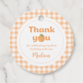 Eén meisje met een fijne peach, 1e verjaardag bedankjes labels (Voorkant)