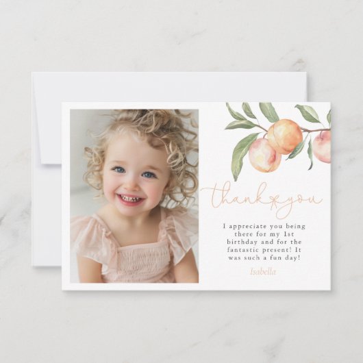 Eén meisje met een fijne peach, 1e verjaardag bedankkaart (Voorkant)