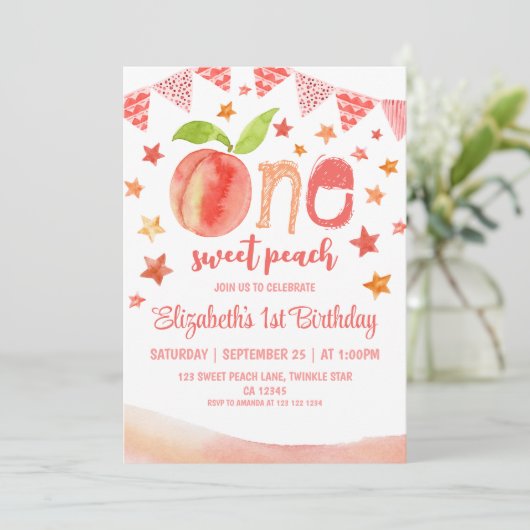 Eén meisje met een fijne peach, 1e verjaardag kaart (Staand voorkant)