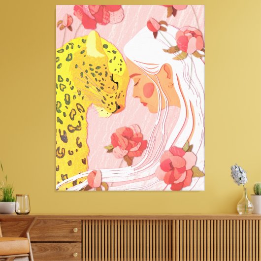 Een meisje met een luipaard. canvas afdruk (Insitu (Woonkamer))