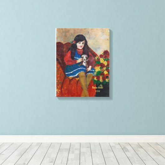 een meisje met haar hond canvas afdruk (Insitu (Houten vloer))