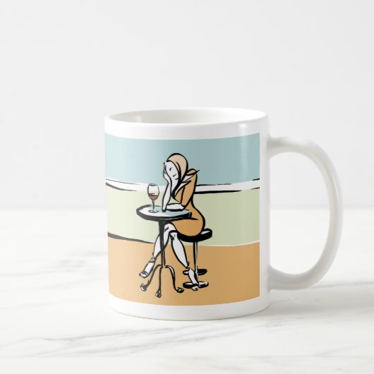 Een meisje met rode wijn in een café koffiemok (Rechts)