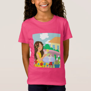 een meisje op het balkon in de zomer drink een coc t-shirt