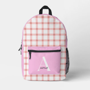 Een meisjes gepersonaliseerd roze geruit monogram bedrukte rugzak