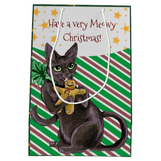 Een Meowy Kerstmis Kat Medium Gift Bag Medium Cadeauzakje (Achterkant)