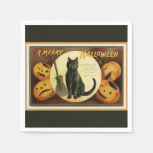 Een Merry Halloween Black Cat en Pumpkins Black Servetten