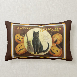 Een Merry Halloween Black Cat en Pumpkins Brown Kussen