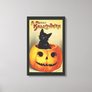 Een Merry Halloween,  Black Cat in Pumpkin Canvas Afdruk